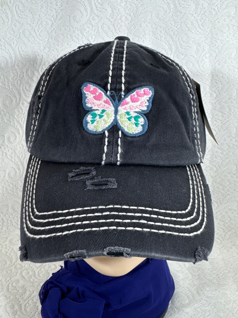 New With Tag Women Black Butterfly Embroidered Baseball Cap Factory Distressed